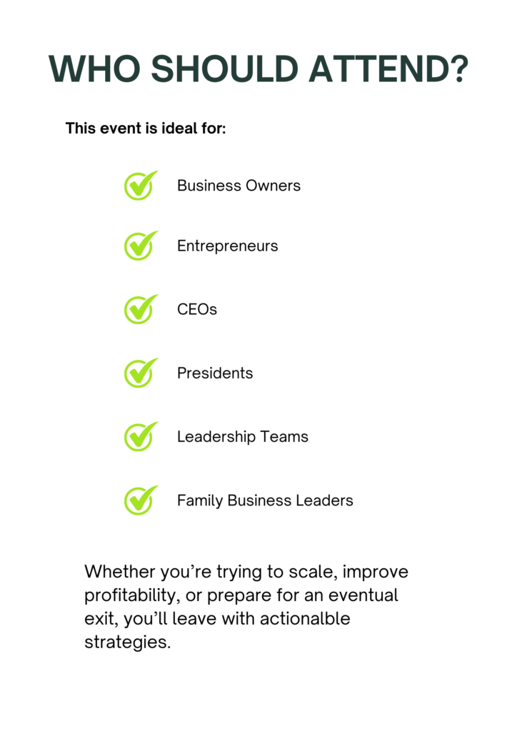 A flyer titled Who Should Attend? lists executives and leaders; attendees gain strategies for scaling and sustainable growth.