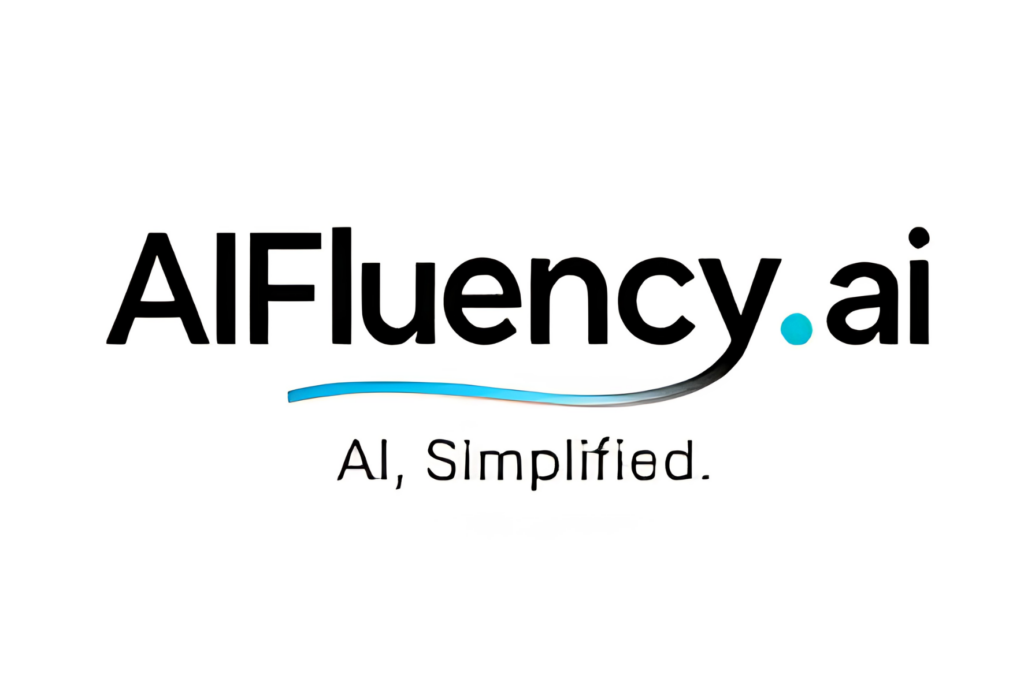 AIFluency.ai logo featuring stylized text, blue dot, curved underline, and tagline "AI, Simplified." for scalable solutions.