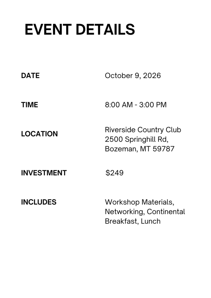 Flyer for Oct 9, 2026 leadership workshop on systems thinking and growth; 8 AM–3 PM, Riverside Country Club, $249.