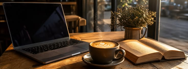 Laptop, coffee, book, and plant aligned on a wooden café table by a sunlit window—reflecting systems thinking and focus.