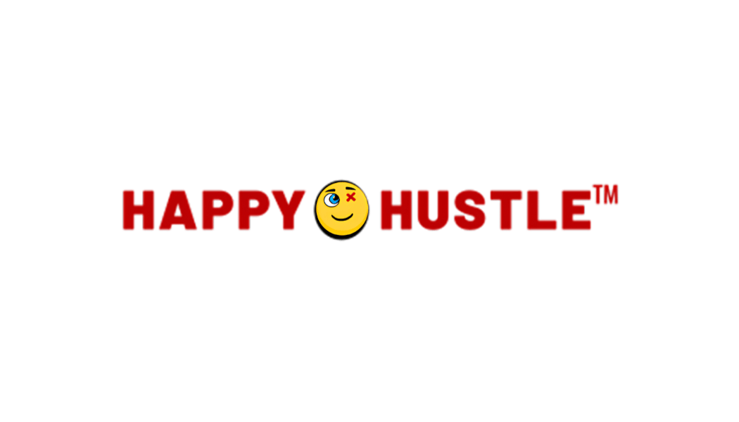 Happy Hustle logo featuring a stylized smiley face with a blue eye and red X replacing the letter O.