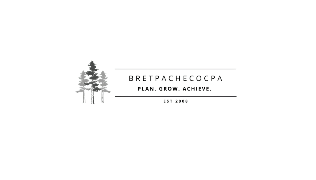 Bret Pacheco CPA logo: three pine trees representing sustainable growth and the tagline Plan. Grow. Achieve. Est. 2008.